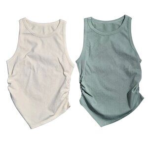 NWOT | OQQ 2-Pack Ribbed Tank Tops | Asymmetric Ruched | Sage & Cream | Medium